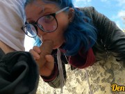 Preview 6 of cutie with butt plug and jacket glasses with blue hair loves to have sex sucking dick on the river