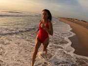 Preview 1 of Amateur blowjob on nudist beach. Real couple having fun in Baywatch style