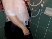 Preview 2 of A chick in clothes under the shower. Wet panties, wet trousers, wet shirt. Full