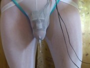 Preview 5 of Estim e-stim electro cumming with chastity cage through panties