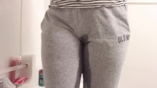 BBW Peeing In Light Gray Sweatpants After Desperation