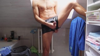Guy fingering in the shower after work