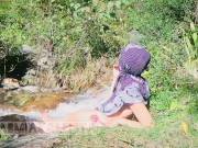 Preview 2 of Shameless Muslim slut topless in hijab Smoking in nature