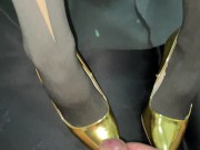 Preview 4 of Black nylons in golden high heels and a big cumshot