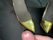 Preview 6 of Black nylons in golden high heels and a big cumshot