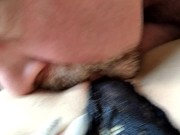 Preview 5 of Bald daddy sucks a dildo, and then fucks his perky slut with it! My wife is dirty lustful whore .!.