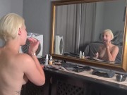 Preview 1 of Sexy blonde doing her makeup naked in front of the mirror | sexy posing