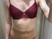 Preview 4 of Girl in pantyhose is trying on sexy bras and touches herself in fitting room