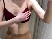 Preview 5 of Girl in pantyhose is trying on sexy bras and touches herself in fitting room
