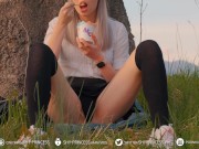 Preview 3 of Schoolgirl in stockings caught touching her creamy pussy. PUBLIC NO PANTIES UPSKIRT 4K