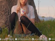 Preview 4 of Schoolgirl in stockings caught touching her creamy pussy. PUBLIC NO PANTIES UPSKIRT 4K