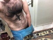 Preview 2 of Very hairy man Jerking off through Lycra Spandex Tights