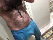 Preview 3 of Very hairy man Jerking off through Lycra Spandex Tights