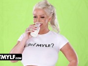 Preview 6 of GotMylf - Gorgeous Blonde Milf Pours Full Cup Of Milk On Hers Enormous Jugs And Takes Cock On Set