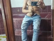 Preview 2 of Horny Latino jerking off his thick cock in the bathroom mirror