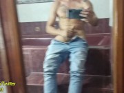 Preview 4 of Horny Latino jerking off his thick cock in the bathroom mirror