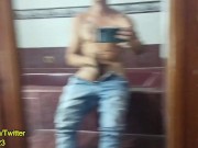 Preview 5 of Horny Latino jerking off his thick cock in the bathroom mirror