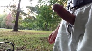 Public jerking-off at the park, verbal, cum dripping off my hard cock after orgasm