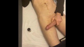 Horny and home alone, big cock straight guy masturbates to cumshot over stomach 