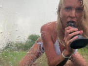 Preview 1 of INSTAGRAM:ClaudiaMacc7-PISSING IN THE RAIN - FUCKING A DILDO ON THE CAR WINDSHIELD