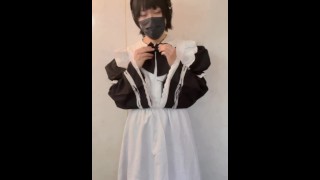 Japanese transvestite maid masturbates