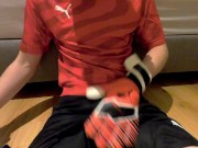 Preview 1 of Blond boy jerk off in soccer gear and come on the soccer gear from his boyfriend