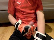 Preview 3 of Blond boy jerk off in soccer gear and come on the soccer gear from his boyfriend