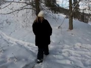 Preview 1 of Cold outdoor hike in public park led to sensual blowjob. She swallowed a mouth full of his hot cum