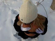 Preview 5 of Cold outdoor hike in public park led to sensual blowjob. She swallowed a mouth full of his hot cum