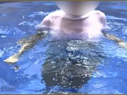 Preview 2 of Amazing hot wife in Wet T-shirt in the hotel Pool | Risky public exhibitionist