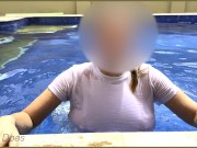Preview 4 of Amazing hot wife in Wet T-shirt in the hotel Pool | Risky public exhibitionist