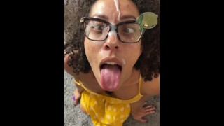 Curly haired slut gets fucked doggystyle and facialized