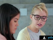 Preview 1 of GIRLSWAY Nerdy Roommates Kendra Spade And Chloe Cherry Fake Being In A Sitcom While Banging A Friend