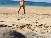 Preview 3 of Fitness couple undress on a public beach and masturbate with people watching