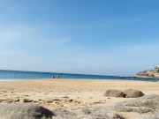 Preview 5 of Fitness couple undress on a public beach and masturbate with people watching
