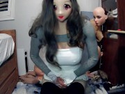 Preview 5 of Emily's Masks Pt2! Doll masked Celli plays with her rubber self and her tight white dress!