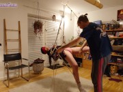 Preview 3 of Trailer: Girl Blindfolded in Shibari Face up Suspension!