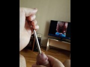 Preview 6 of Deep cock sounding plugs insertion while watching femdom sounding porn (full urethral insertion)
