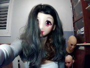 Preview 1 of Emily's Masks Pt4! Female mask Emily unmasks from her kigurumi mask Celli! Masks in her doll mask!