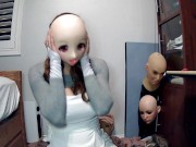 Preview 2 of Emily's Masks Pt4! Female mask Emily unmasks from her kigurumi mask Celli! Masks in her doll mask!