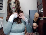 Preview 4 of Emily's Masks Pt4! Female mask Emily unmasks from her kigurumi mask Celli! Masks in her doll mask!
