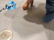 Preview 1 of Long naughty piss by MILF in public restroom leaves huge puddle mess