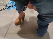 Preview 2 of Long naughty piss by MILF in public restroom leaves huge puddle mess