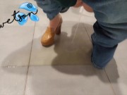 Preview 3 of Long naughty piss by MILF in public restroom leaves huge puddle mess