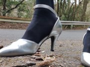 Preview 2 of Outdoor LeatherWomen's high heels crush and crush tree branches with a crash fetish.