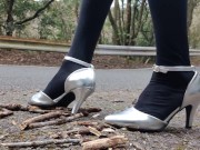 Preview 3 of Outdoor LeatherWomen's high heels crush and crush tree branches with a crash fetish.