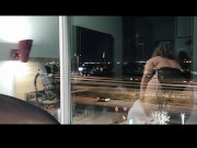 Preview 1 of Public Flashing Stripping and Dancing in the Hotel Window for the Public to See My Slut Tits