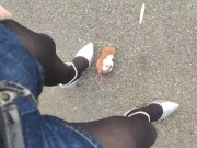 Preview 1 of Outdoor transvestite leather shorts high heels stomping stuffed animals and masturbation crash fetis