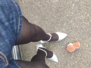 Preview 3 of Outdoor transvestite leather shorts high heels stomping stuffed animals and masturbation crash fetis
