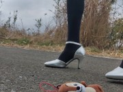 Preview 2 of Japanese fetishist crushes stuffed animals by stepping on them with outdoor leather transvestite hig